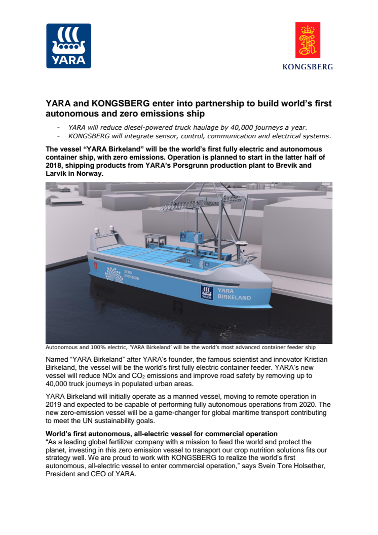 YARA and KONGSBERG enter into partnership to build world’s first autonomous and zero emissions ship
