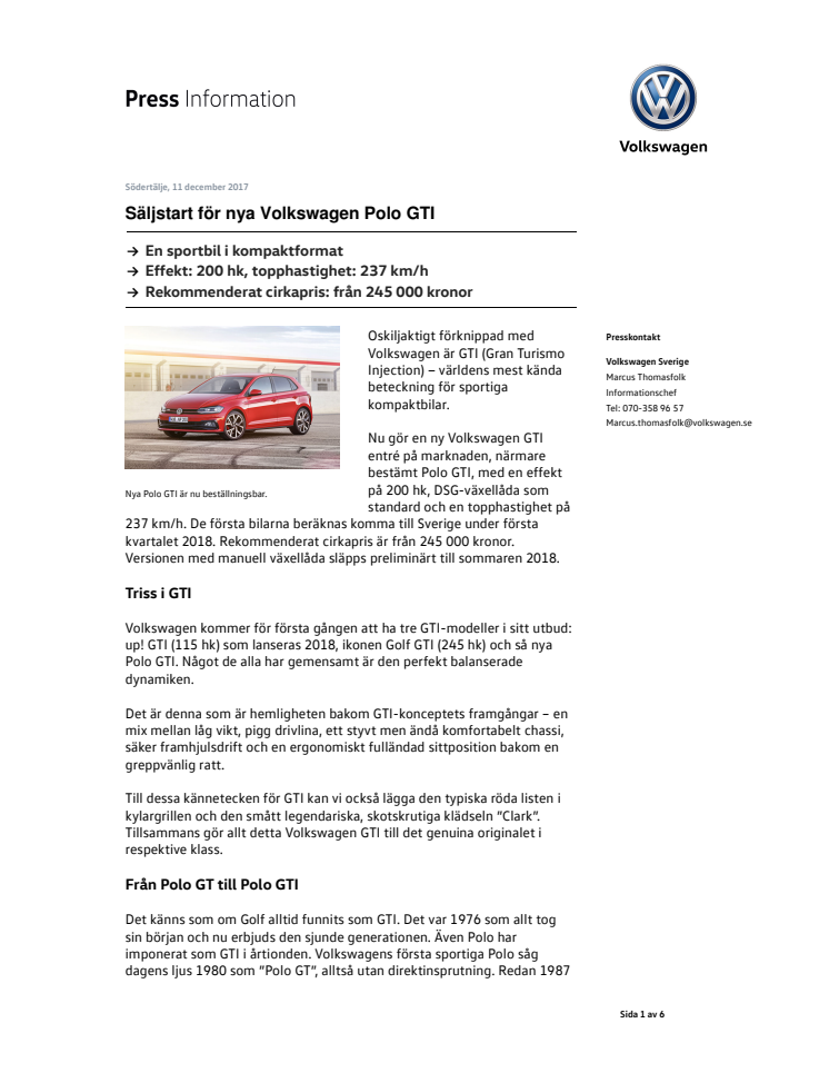 Säljstart för nya Volkswagen Polo GTI