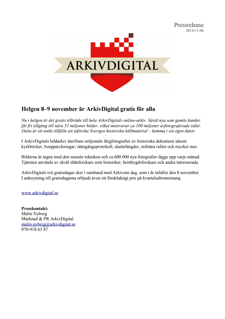 Helgen 8–9 november är ArkivDigital gratis för alla