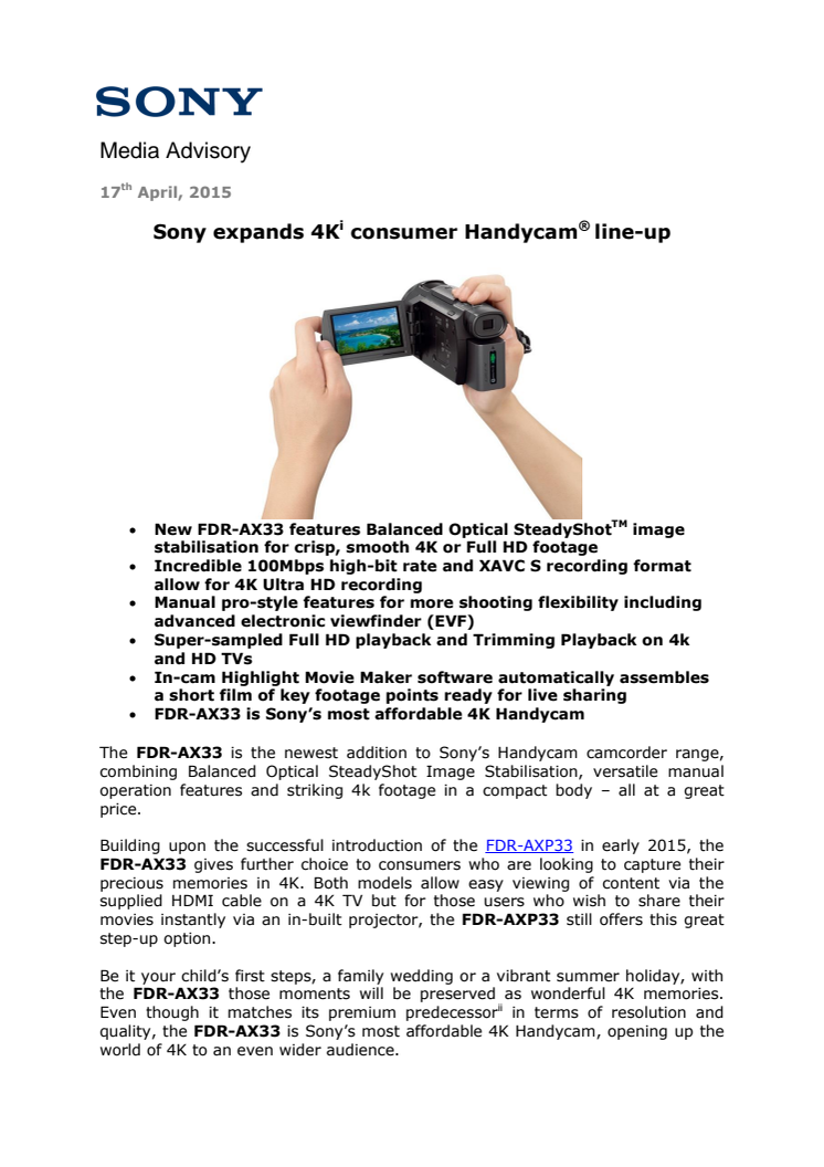 ​Sony ekspanderer sin portefølje med nytt 4K Handycam