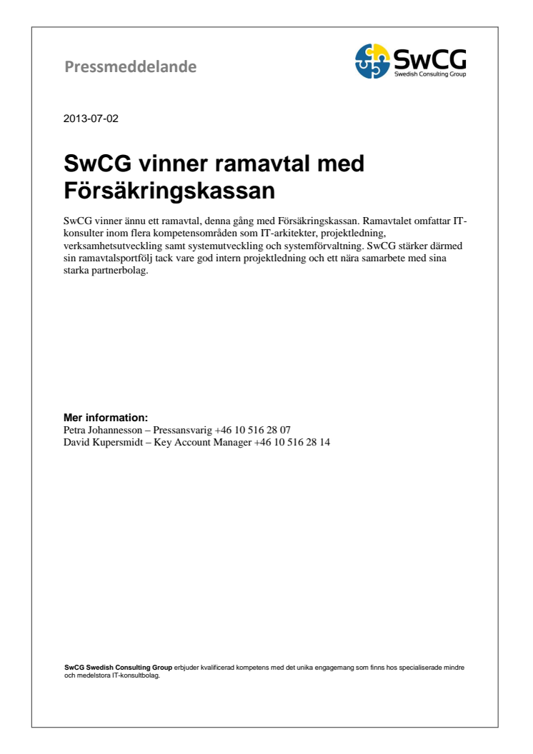 SwCG vinner ramavtal med Försäkringskassan