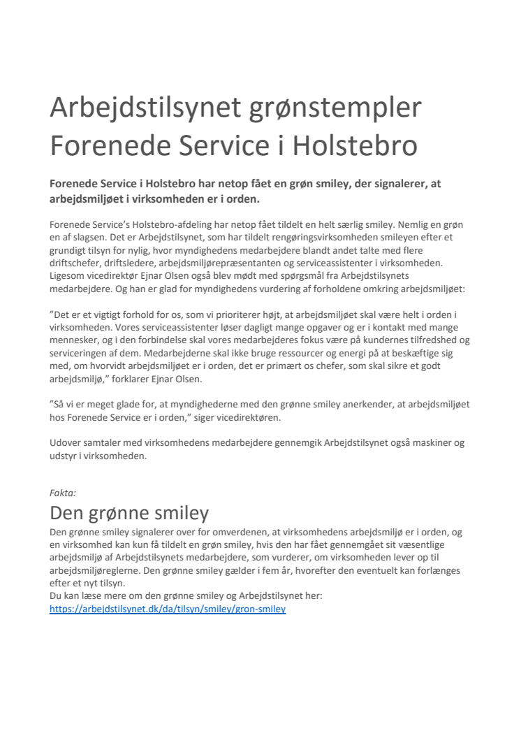 Arbejdstilsynet grønstempler Forenede Service i Holstebro