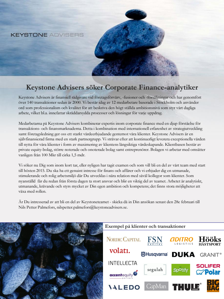 Keystone Advisers are looking to hire analysts for the fall of 2015