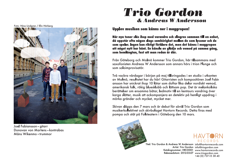 Release för Trio Gordon och Havtorn Records på Folkteatern Göteborg 10 mars