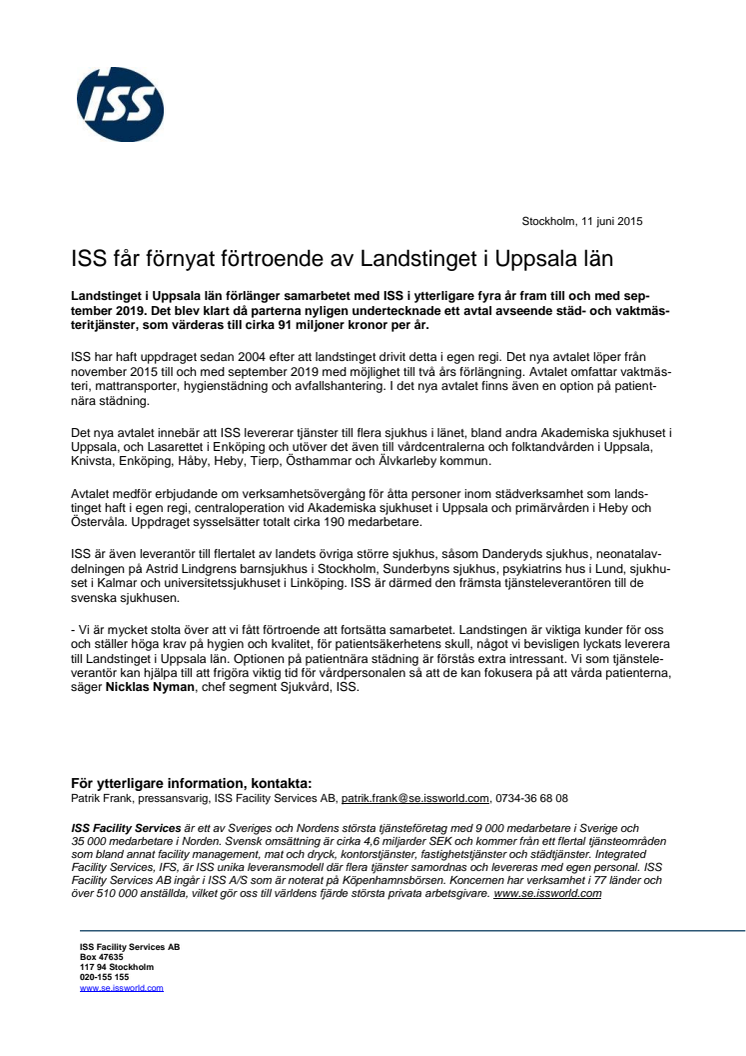 ISS får förnyat förtroende av Landstinget i Uppsala län