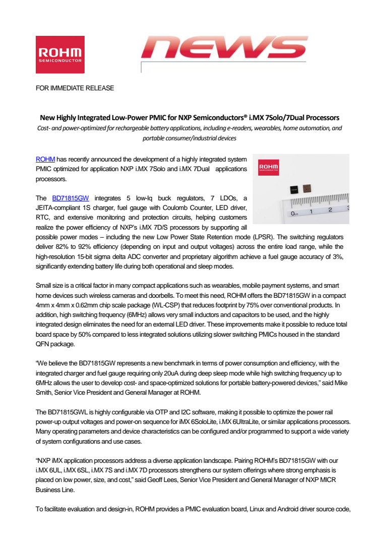 New Highly Integrated Low-Power PMIC for NXP Semiconductors® i.MX 7Solo/7Dual Processors---Cost- and power-optimized for rechargeable battery applications, including e-readers, wearables, home automation, and portable consumer/industrial devices