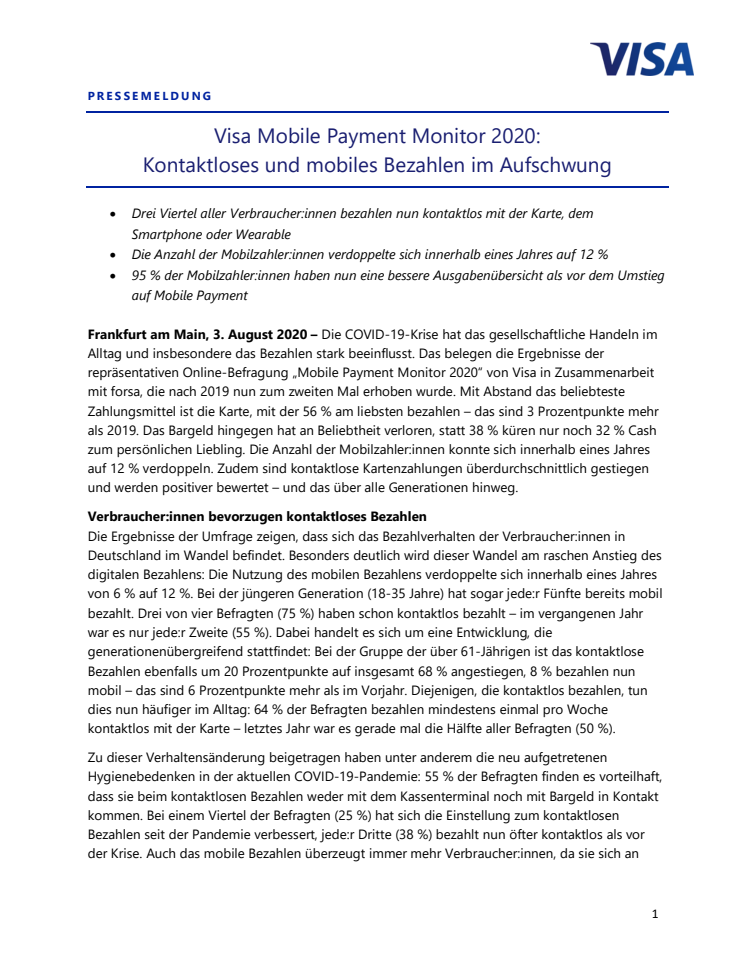 ​Visa Mobile Payment Monitor 2020: Kontaktloses und mobiles Bezahlen im Aufschwung