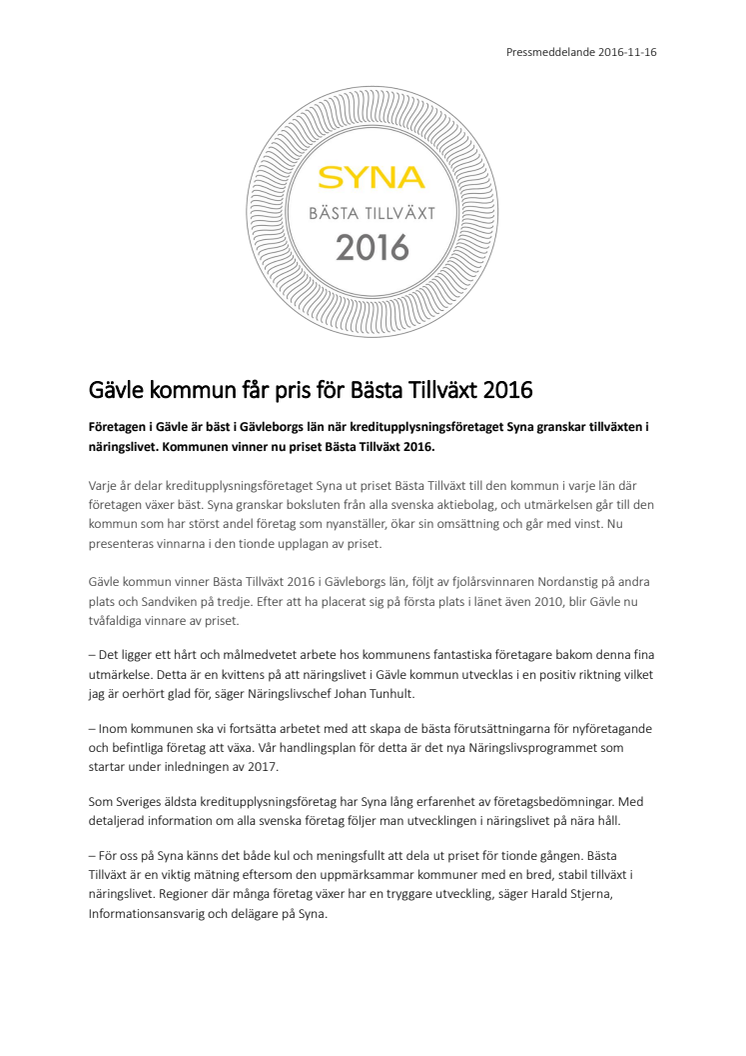 Gävle kommun får pris för Bästa Tillväxt 2016