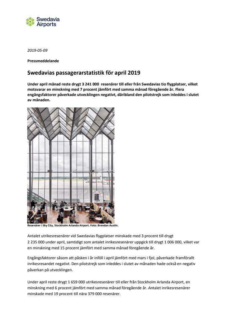 Swedavias passagerarstatistik för april 2019