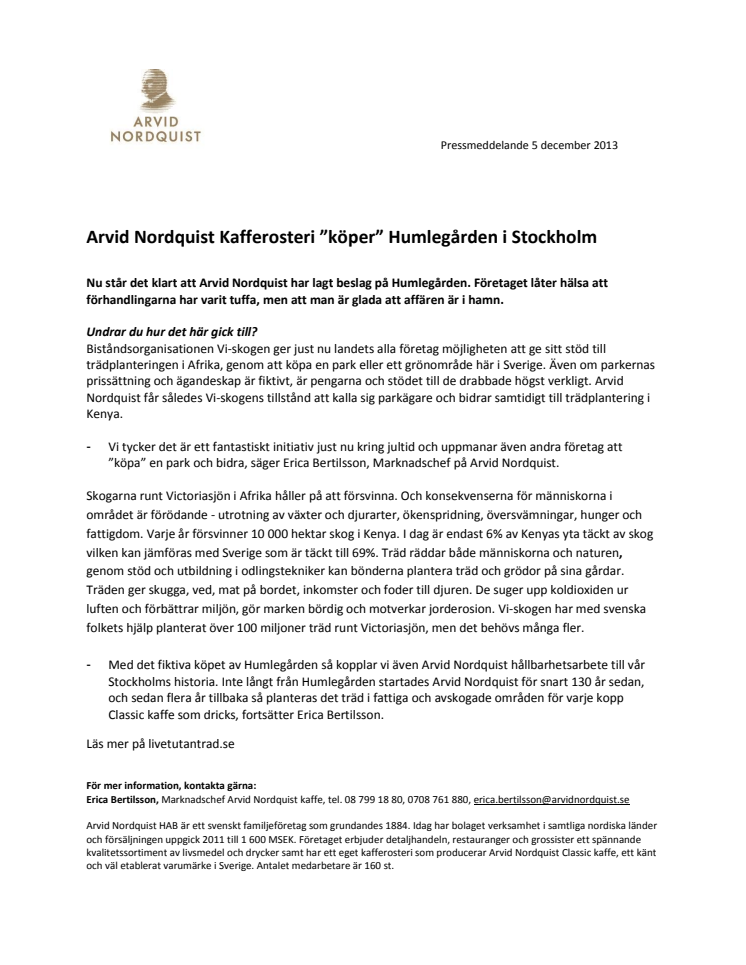 Arvid Nordquist Kafferosteri ”köper” Humlegården i Stockholm