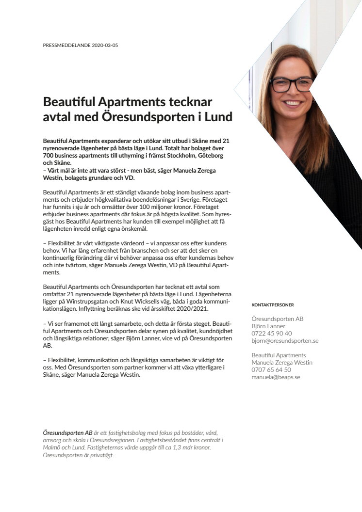 Beautiful Apartments tecknar avtal med Öresundsporten i Lund