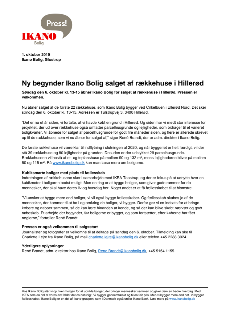 Ny begynder Ikano Bolig salget af rækkehuse i Hillerød