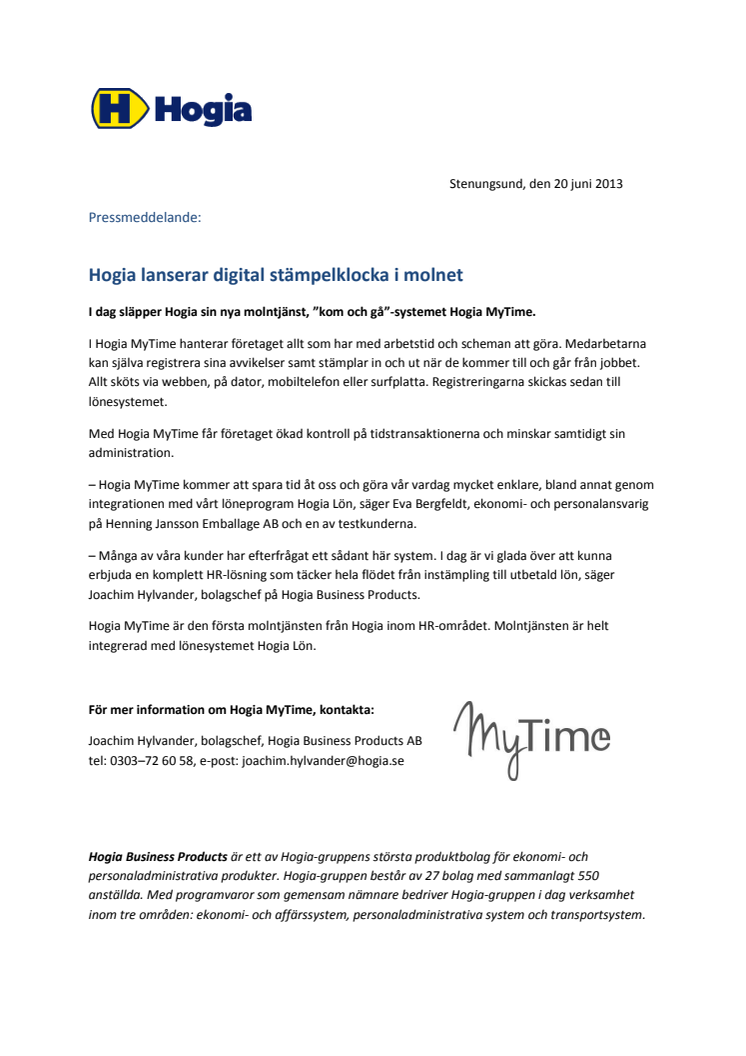 Hogia lanserar digital stämpelklocka i molnet