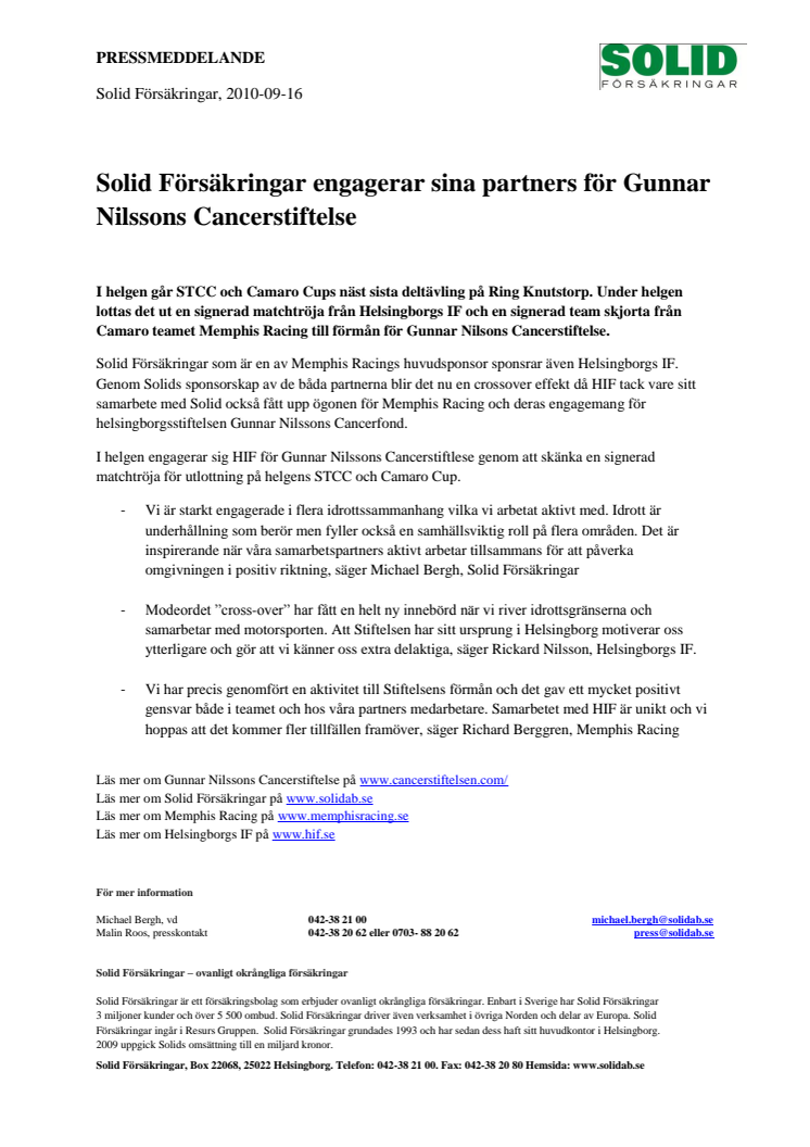 Solid Försäkringar engagerar sina partners för Gunnar Nilssons Cancerstiftelse