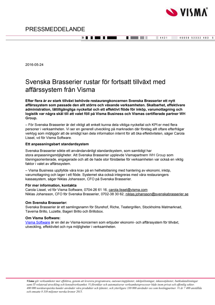 Svenska Brasserier rustar för fortsatt tillväxt med affärssystem från Visma