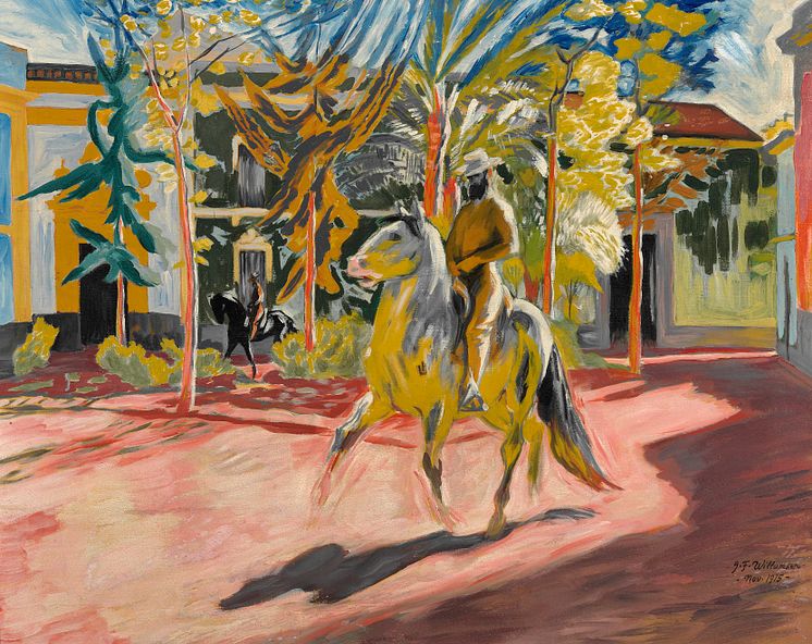 J. F. Willumsen- En rytter i en af Cordobas gader. Sign. J.F. Willumsen nov. 1915. Tempera på lærred. 83 x 105.