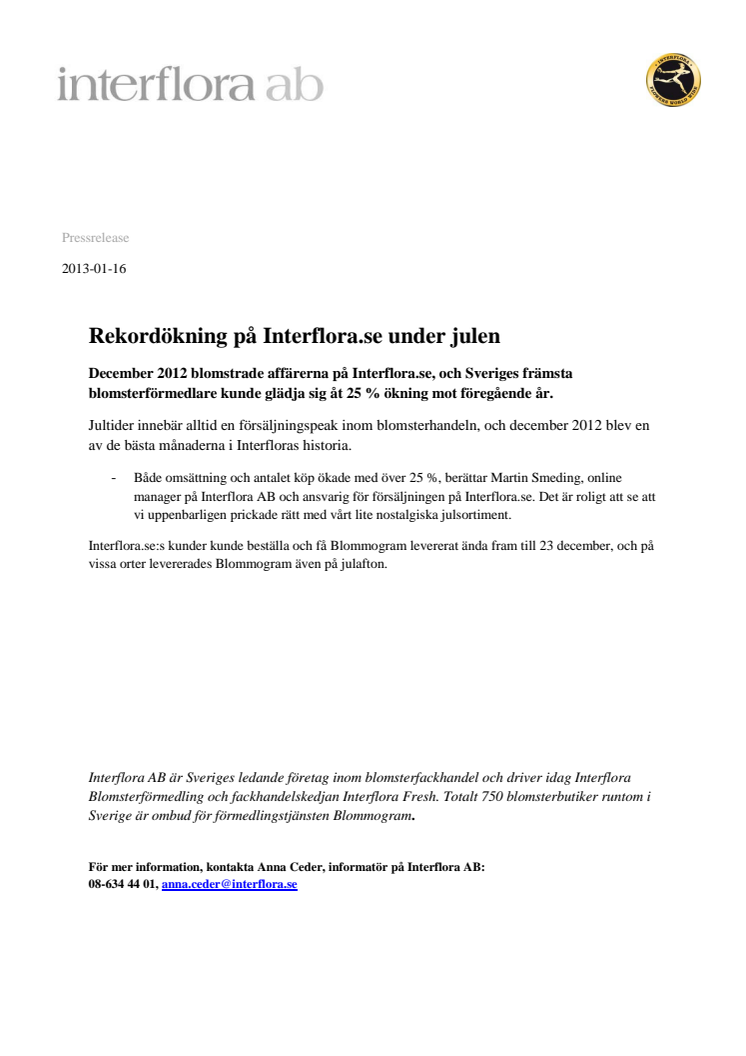 Rekordökning på Interflora.se under julen 