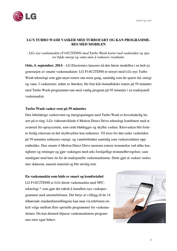 LG'S TURBO WASH VASKER MED TURBOFART OG KAN PROGRAMME-RES MED MOBILEN