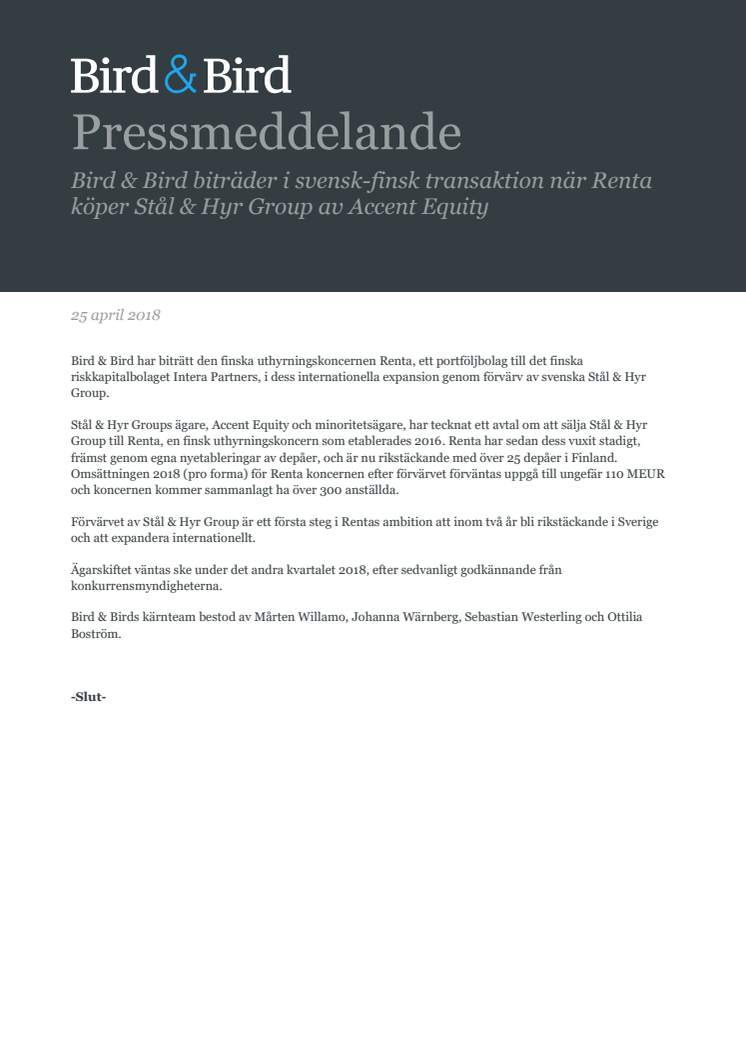 Bird & Bird biträder i svensk-finsk transaktion när Renta köper Stål & Hyr Group av Accent Equity