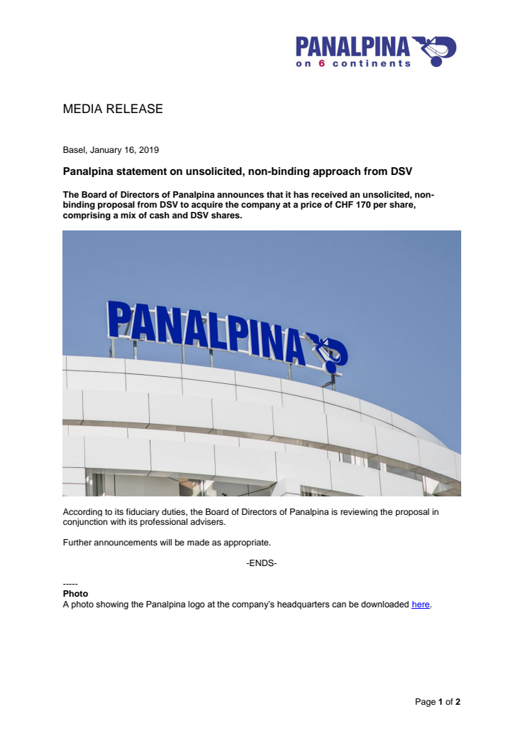 Panalpina statement on unsolicited, non-binding approach from DSV