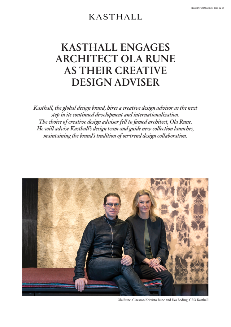 KASTHALL ENGAGES ARCHITECT OLA RUNE AS THEIR CREATIVE DESIGN ADVISER