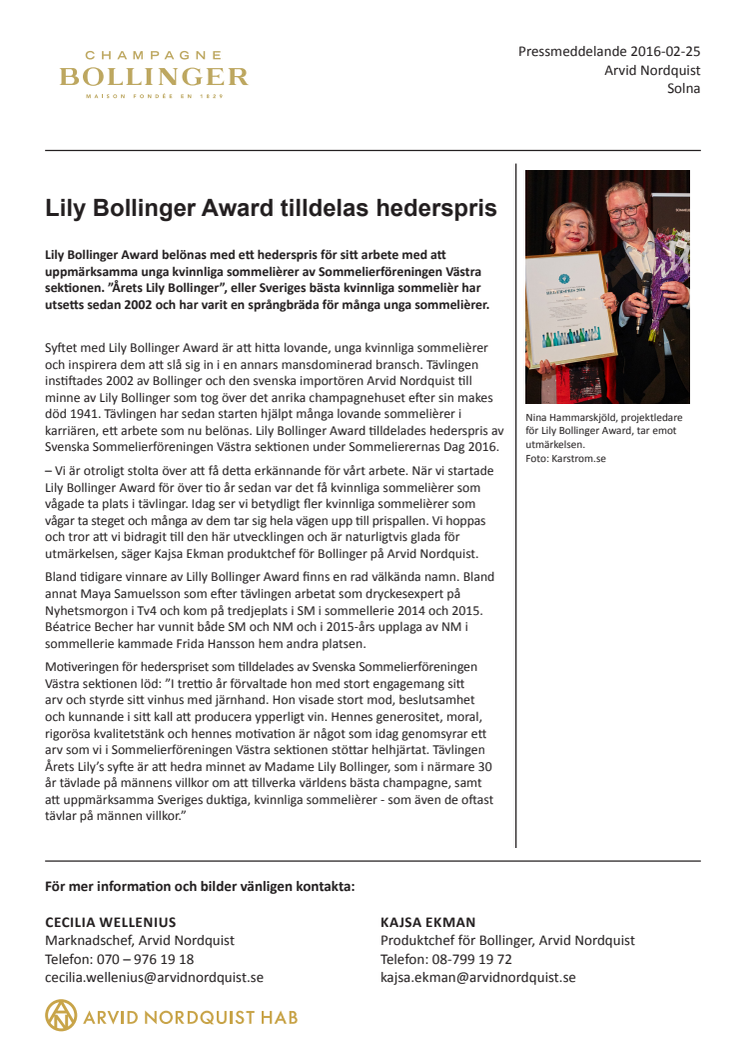 Lily Bollinger Award tilldelas hederspris