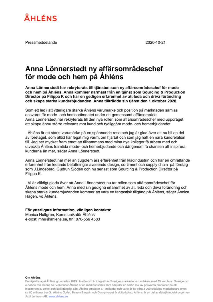 Anna Lönnerstedt ny affärsområdeschef för mode och hem på Åhléns 
