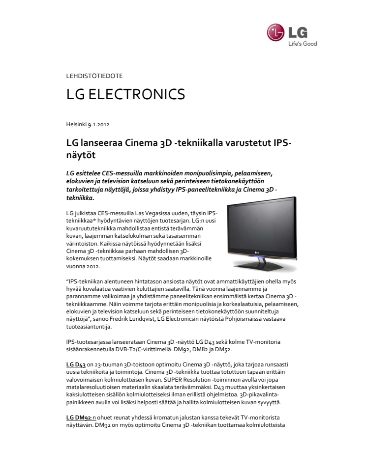 LG lanseeraa Cinema 3D -tekniikalla varustetut IPS-näytöt