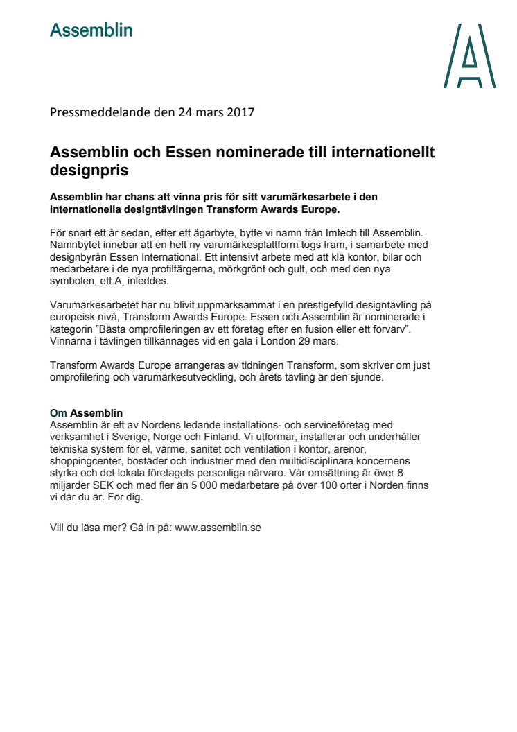Assemblin och Essen nominerade till internationellt designpris 