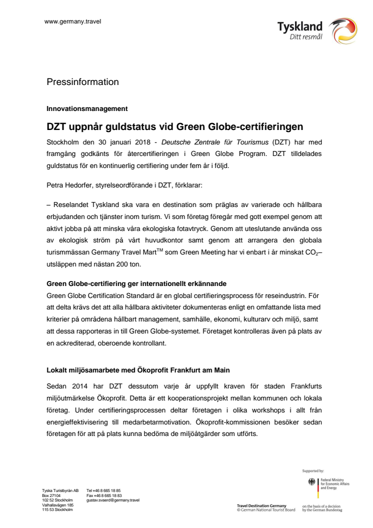 DZT uppnår guldstatus vid Green Globe-certifieringen