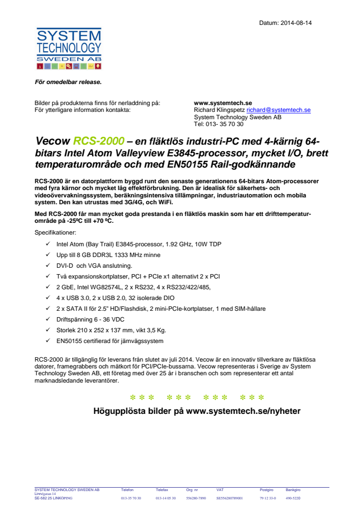 Vecow RCS-2000 – en fläktlös industri-PC med EN50155 Rail-godkännande