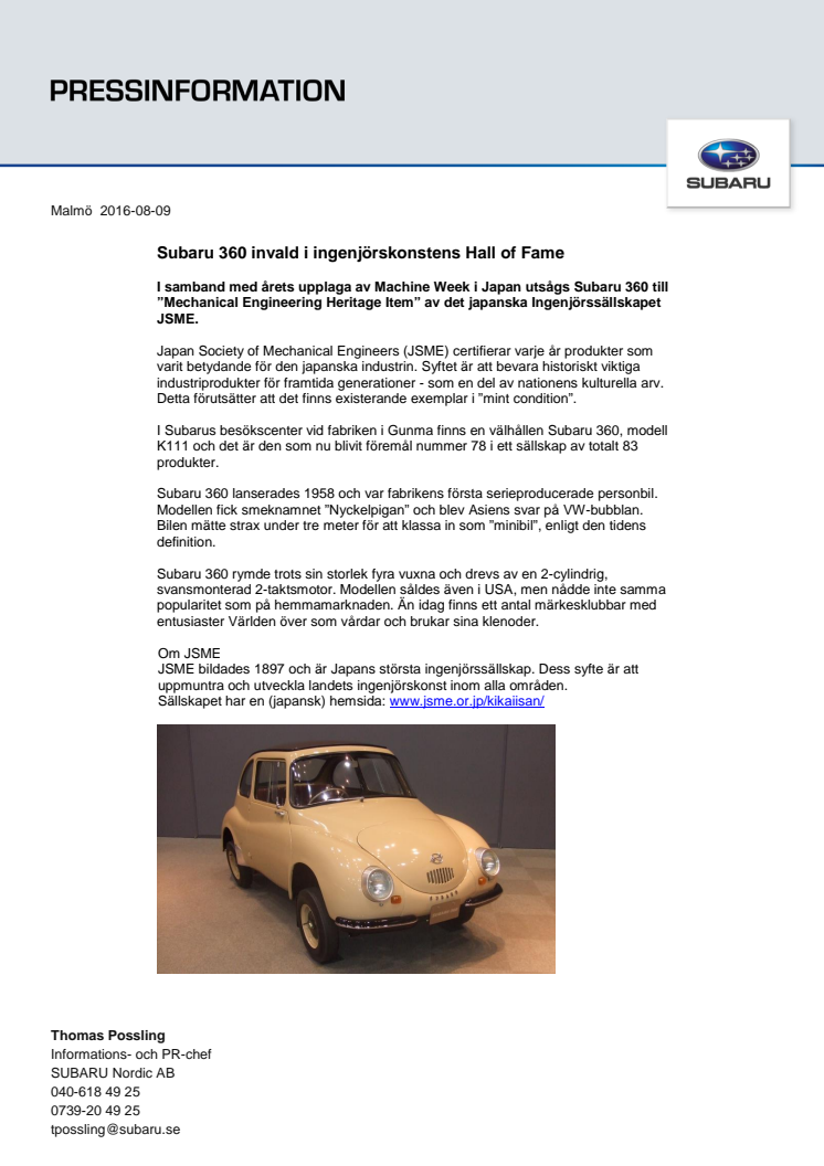 Subaru 360 invald i den japanska ingenjörskonstens Hall of Fame