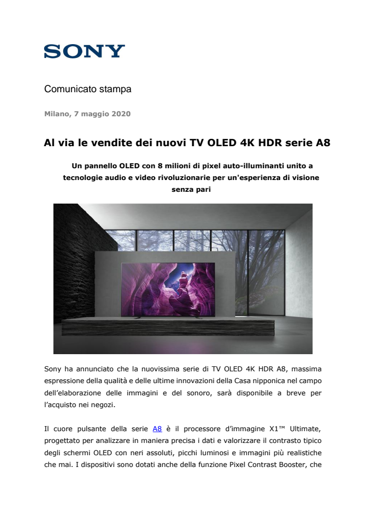 Al via le vendite dei nuovi TV OLED 4K HDR serie A8 