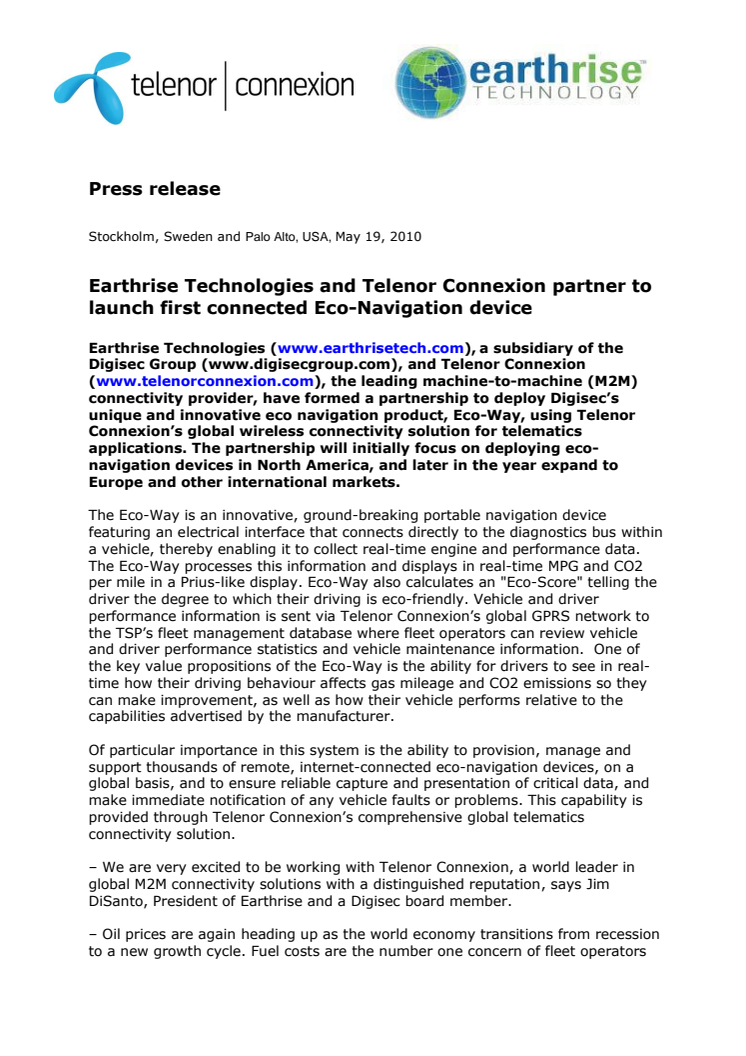 Earthrise Technologies and Telenor Connexion partner to launch first connected Eco-Navigation device 