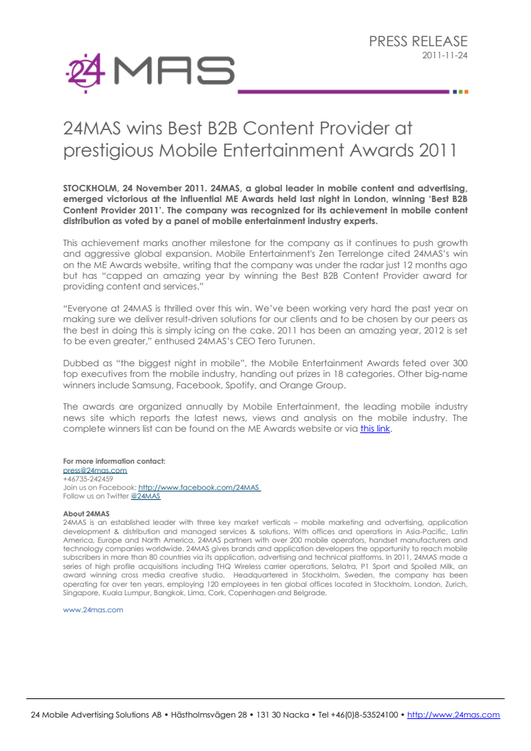 24MAS wins Best B2B Content Provider at prestigious Mobile Entertainment Awards 2011