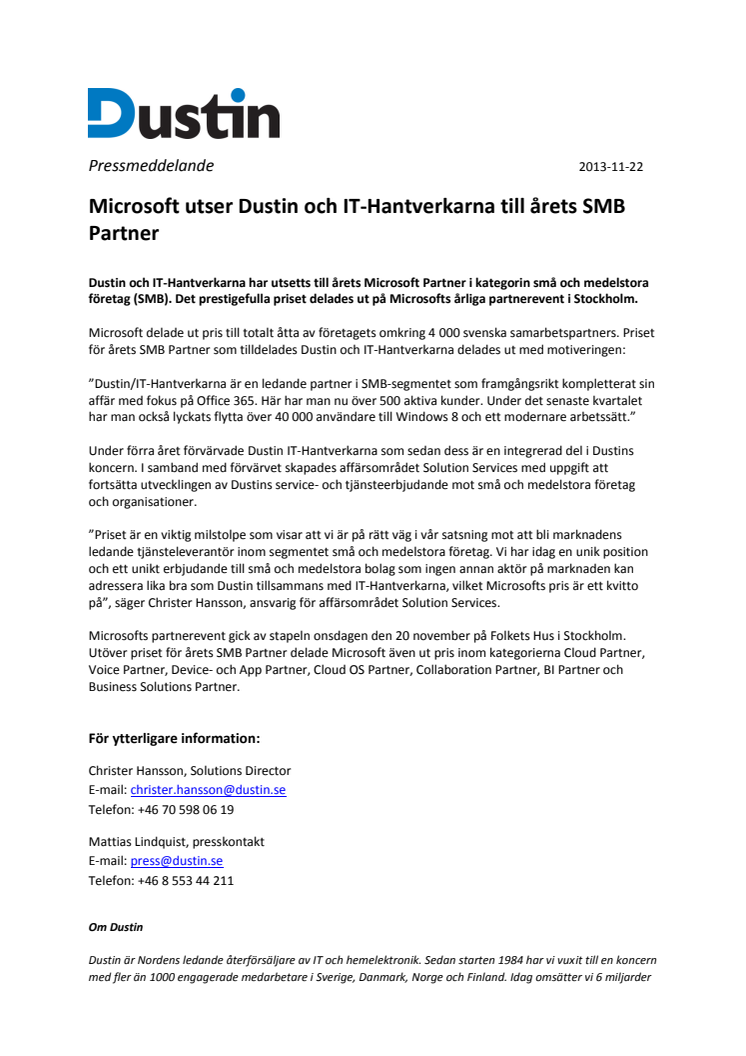 Microsoft utser Dustin och IT-Hantverkarna till årets SMB Partner