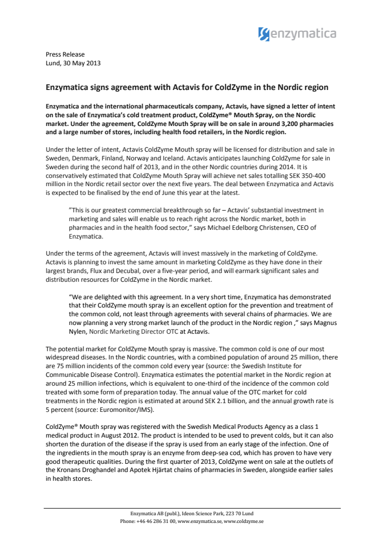 Enzymatica signs agreement with Actavis for ColdZyme in the Nordic region 