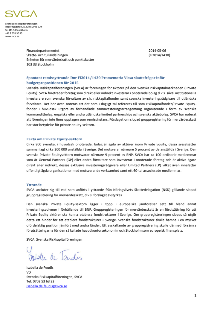 Remissyttrande Fi2014/1430 Promemoria Vissa skattefrågor inför budgetpropositionen för 2015