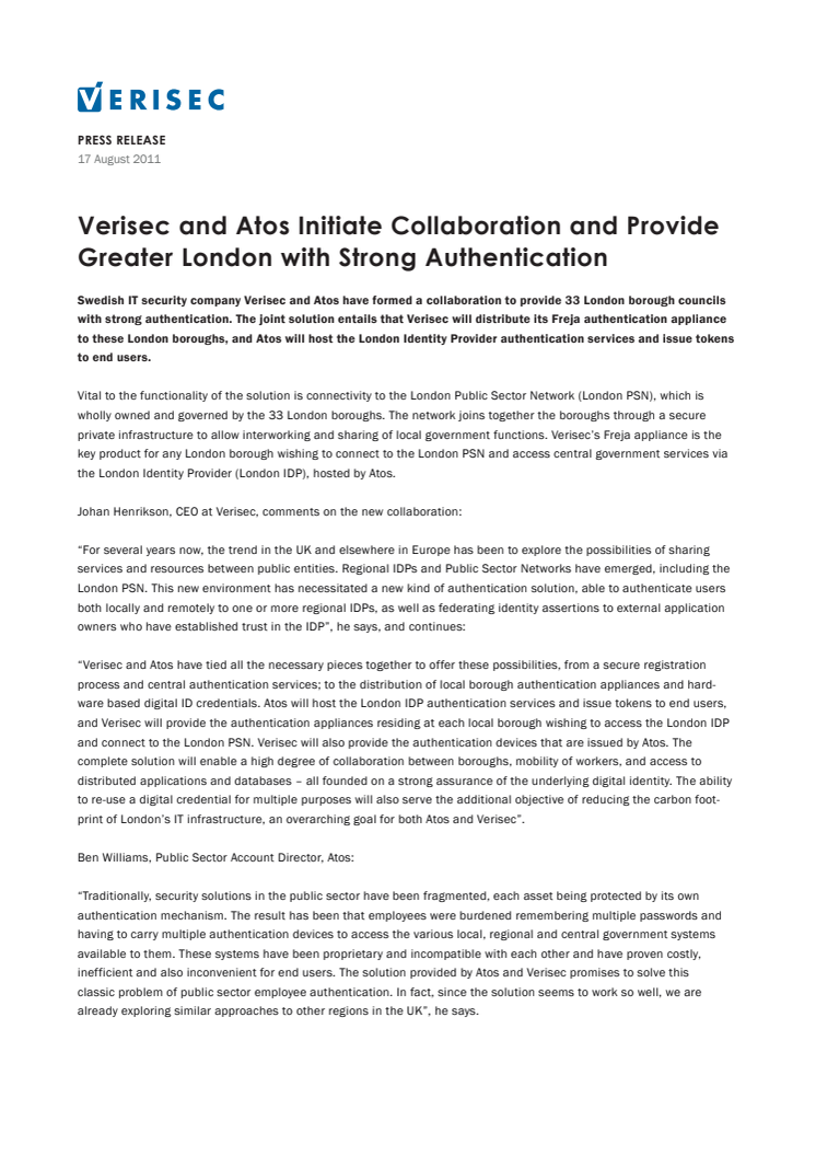 Verisec and Atos Initiate Collaboration and Provide Greater London with Strong Authentication