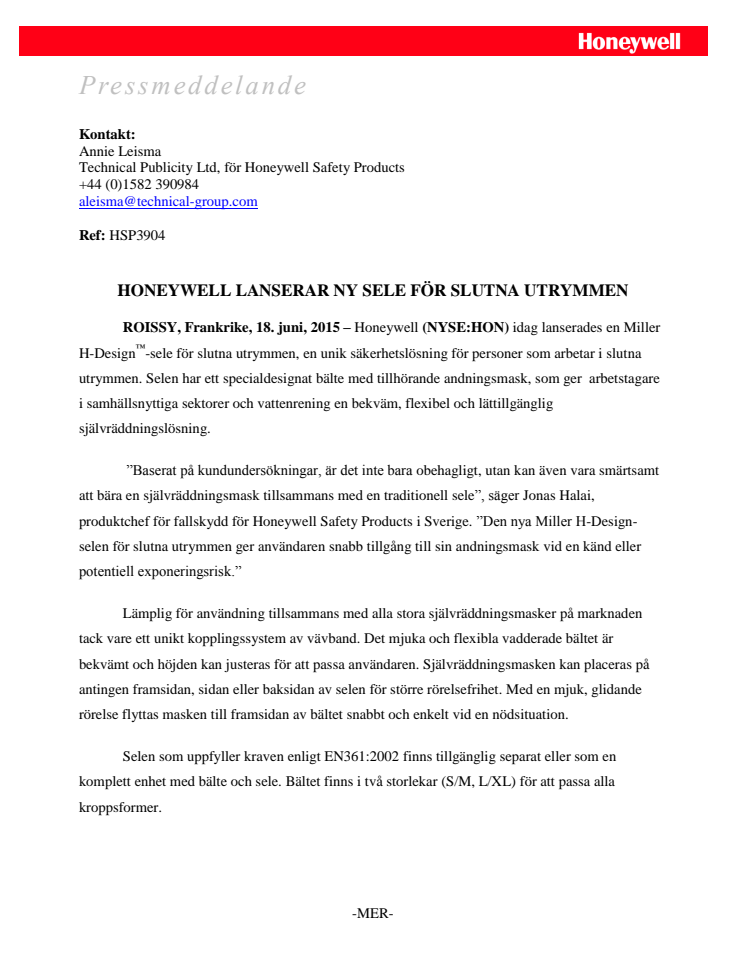 Honeywell lanserar ny sele för slutna utrymmen 