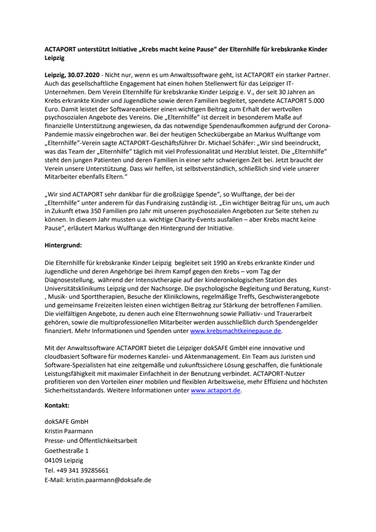 „Krebs macht keine Pause“ - ACTAPORT unterstützt Initiative der Elternhilfe für krebskranke Kinder Leipzig e.V.