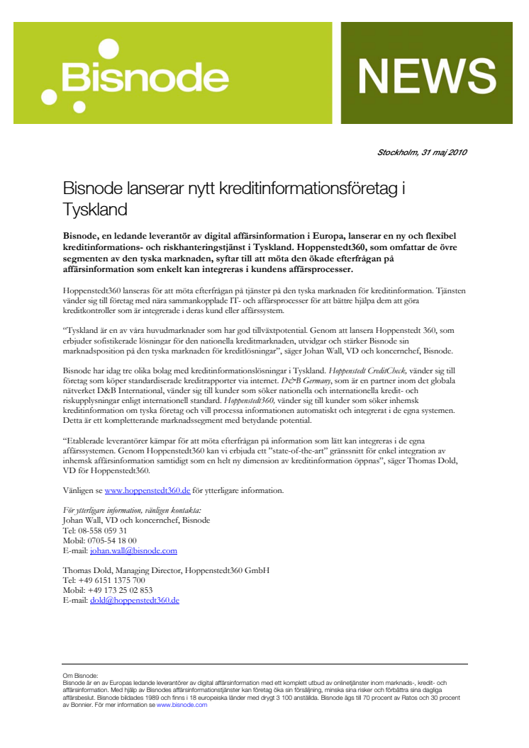 Bisnode lanserar nytt kreditinformationsföretag i Tyskland
