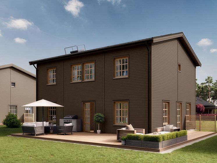 Kv Hällmarken - 3D-bild av de fristående 2-planshusen i etapp 1