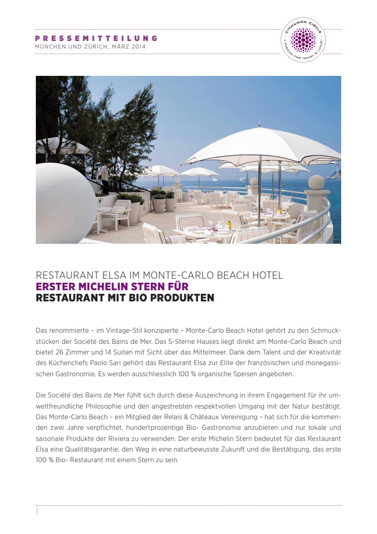 Erster Michelin Stern für Restaurant mit Bio Produkten: Restaurant ELSA im Monte-Carlo Beach Hotel