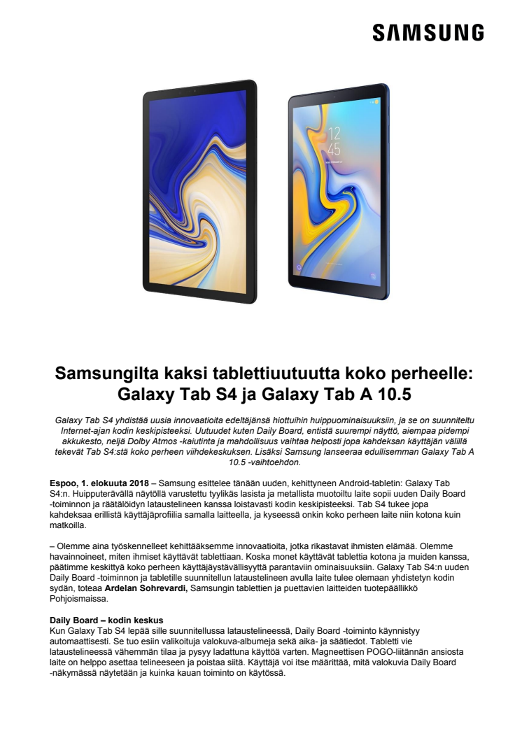 Samsungilta kaksi tablettiuutuutta koko perheelle: Galaxy Tab S4 ja Galaxy Tab A 10.5