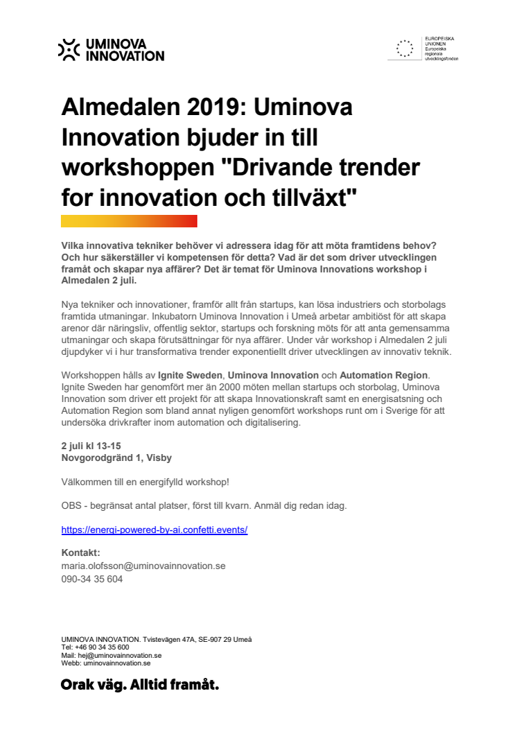 Almedalen 2019: Uminova Innovation  bjuder in till workshoppen "Drivande trender for innovation och tillväxt"