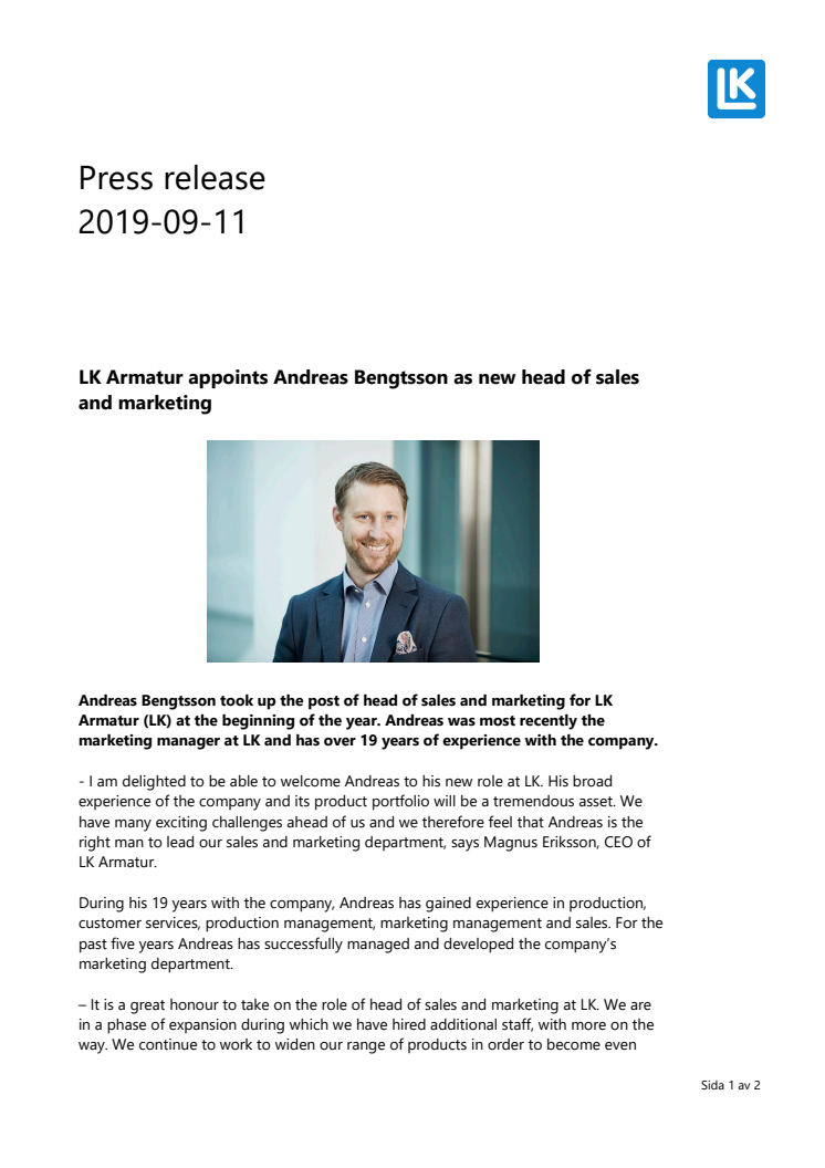 LK Armatur appoints Andreas Bengtsson as new head of sales and marketing