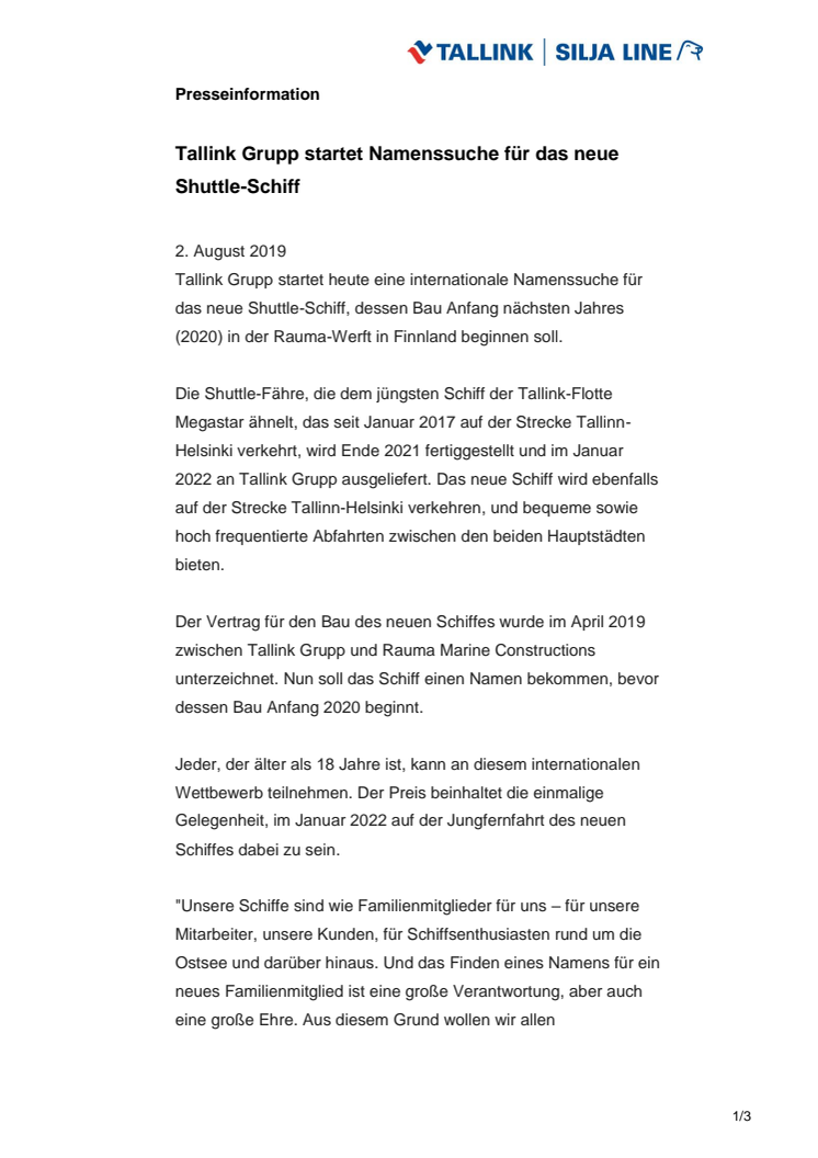 Tallink Grupp startet Namenssuche für das neue Shuttle-Schiff
