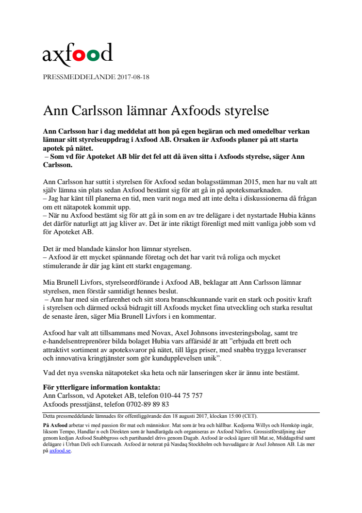 Ann Carlsson lämnar Axfoods styrelse