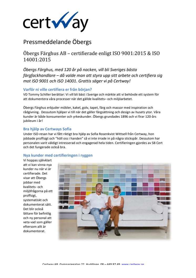 Öbergs Färghus AB – certifierade enligt ISO 9001:2015 & ISO 14001:2015 